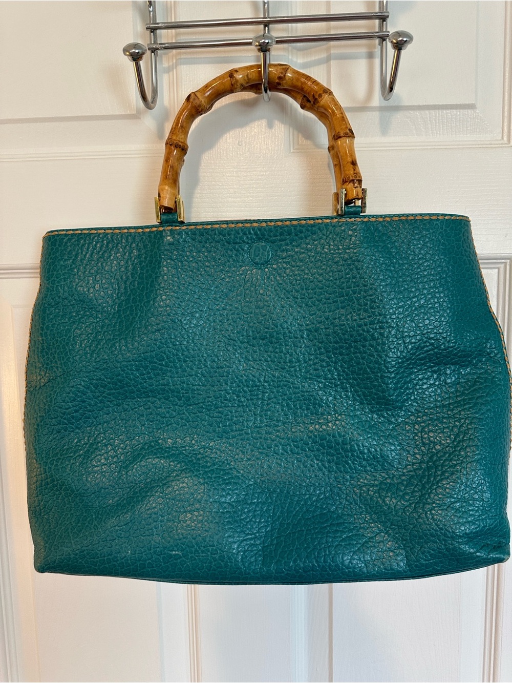 Plinio Visona Teal Pebbled Leather Tote with Bamboo Handles